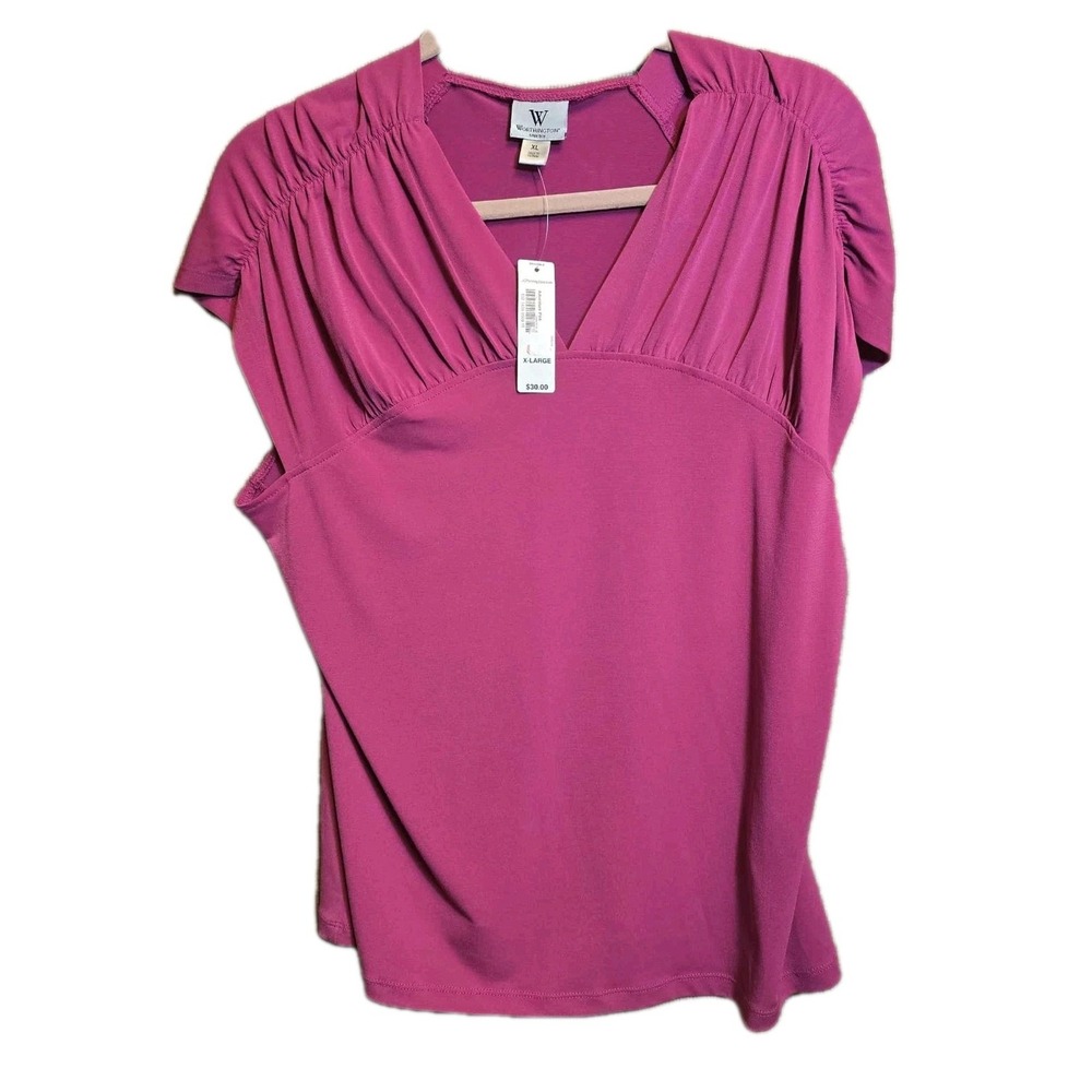 🌺 Worthington Stretch V-Neck Ruched Top Adventure Pink XL NWT‎ 🌺